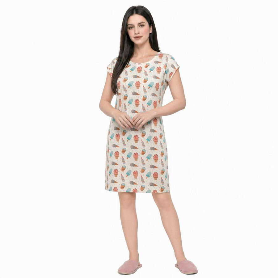 Women's Off White Round Neck T-Shirt Style Nighty, Off White, large