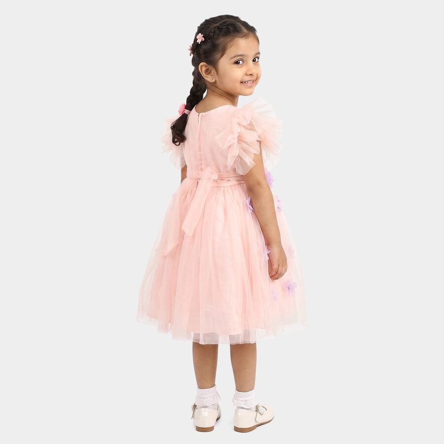 Girls' Pink Fit and Flare 3D Floral Applique Party Wear Frock, Light Pink, large