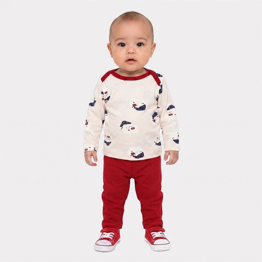 Infants' Beige 100% Cotton Round Neck Printed Baba Suit, Beige, large