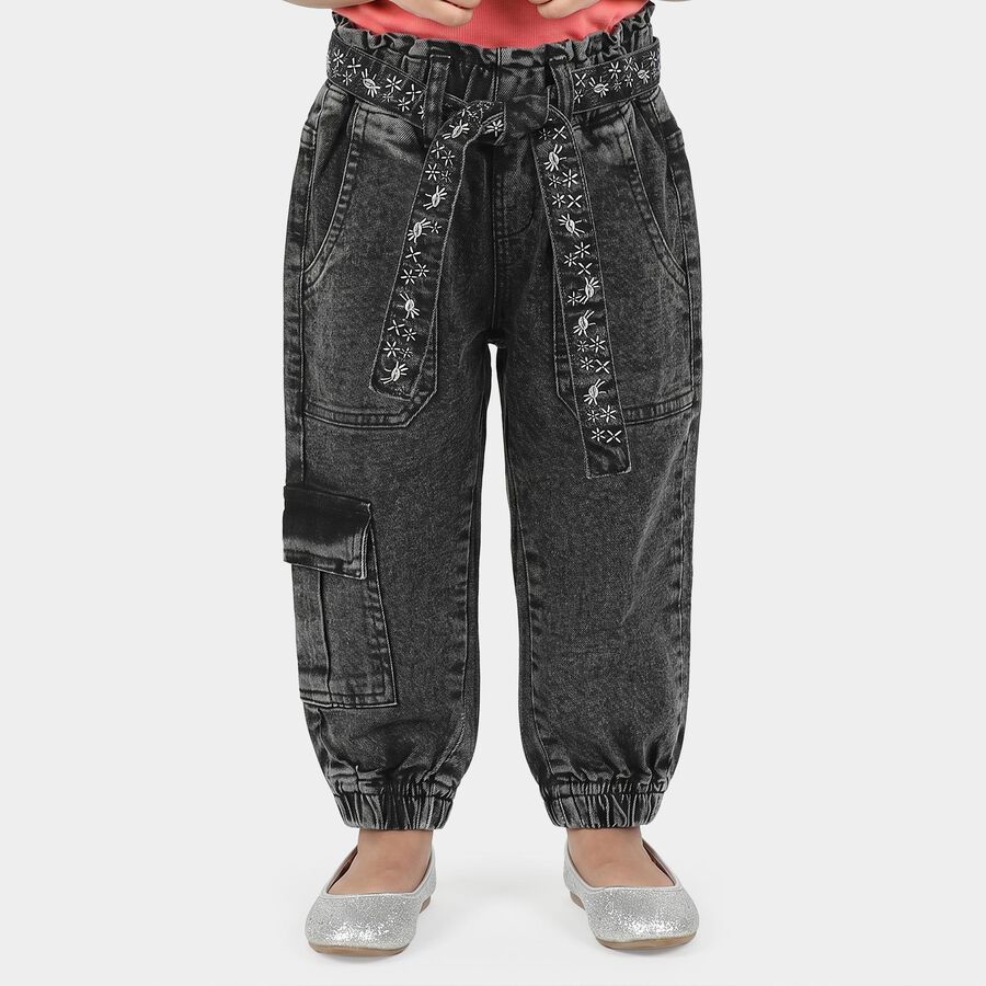 Girls' Black Jogger Fit Embroidered Belt Cargo Jeans, Black, large
