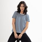 Women's Deep Midnight Navy Round Neck Striped T-Shirt, Navy Blue, small image number null