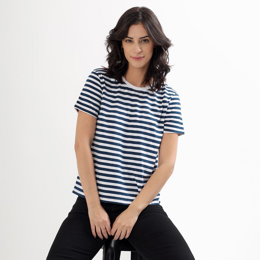 Women's Deep Midnight Navy Round Neck Striped T-Shirt, Navy Blue, large image number null