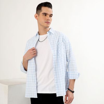 Men's Light Powder Blue Cotton Spread Collar Casual Shirt