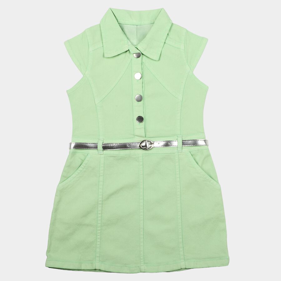 Girls' Mint Green Shirt Style Belted Frock, हल्का हरा, large