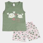 Infants Green Cotton Round Neck Printed Top and Shorts Set, Light Green, small