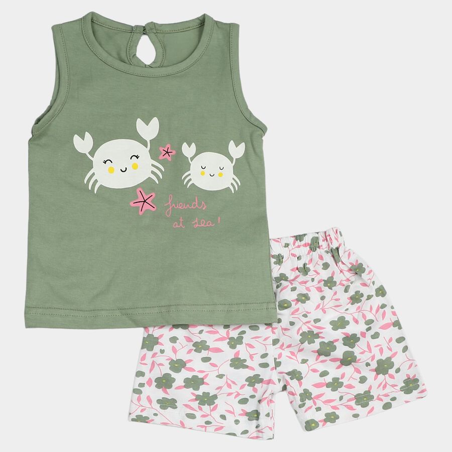 Infants Green Cotton Round Neck Printed Top and Shorts Set, Light Green, large