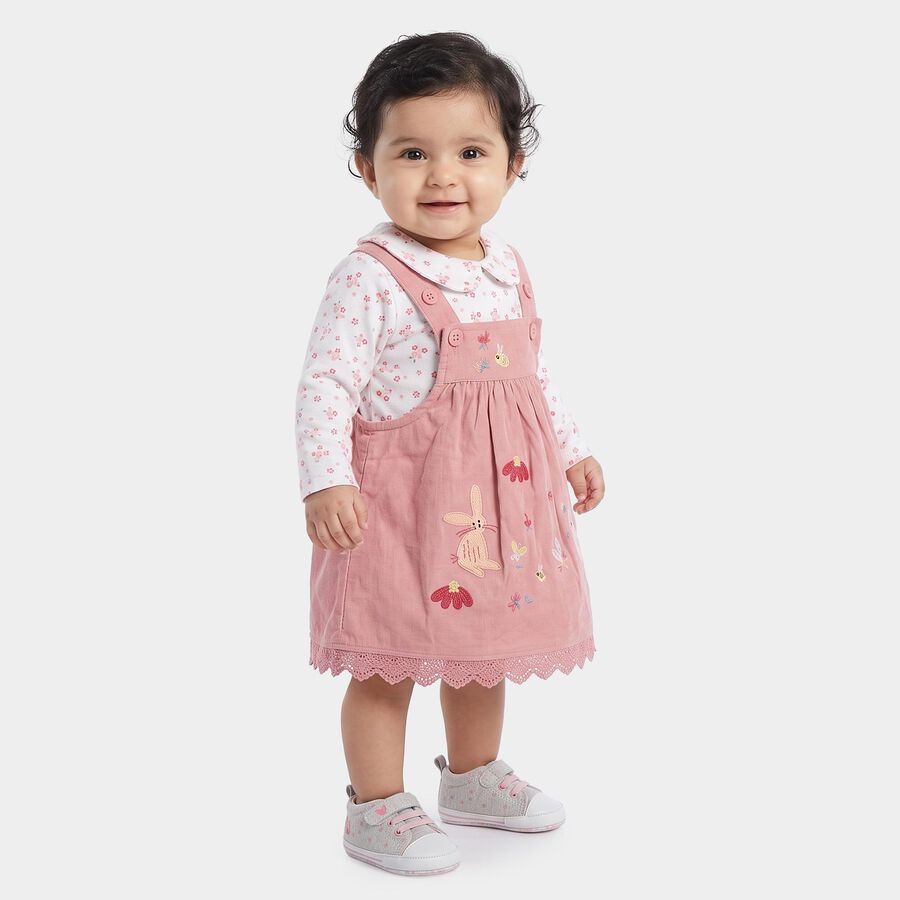 Infants' Pink Cotton Fit and Flare Embroidered Pinafore Frock, Light Pink, large