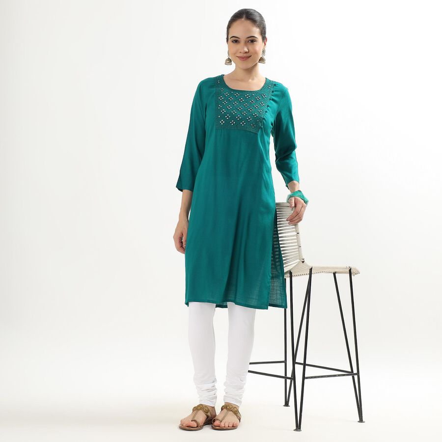 Women's Dark Teal Green Square Neck Embroidered Kurta, Dark Green, large image number null