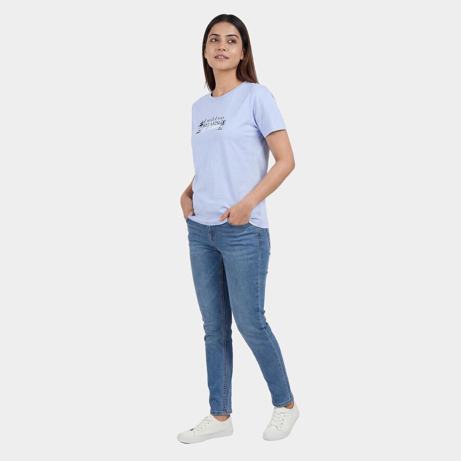 Women's Light Blue Round Neck Casual T-Shirt, Light Blue, large