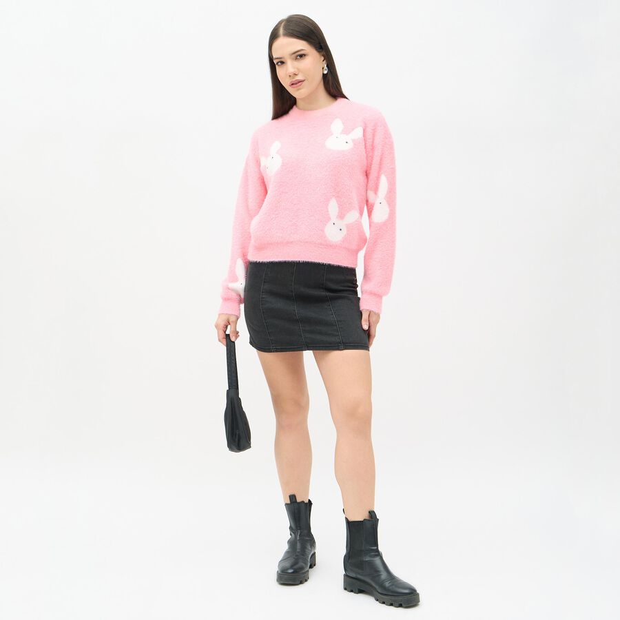 Women's Bright Pink Crew Neck Casual Pullover, Pink, large image number null
