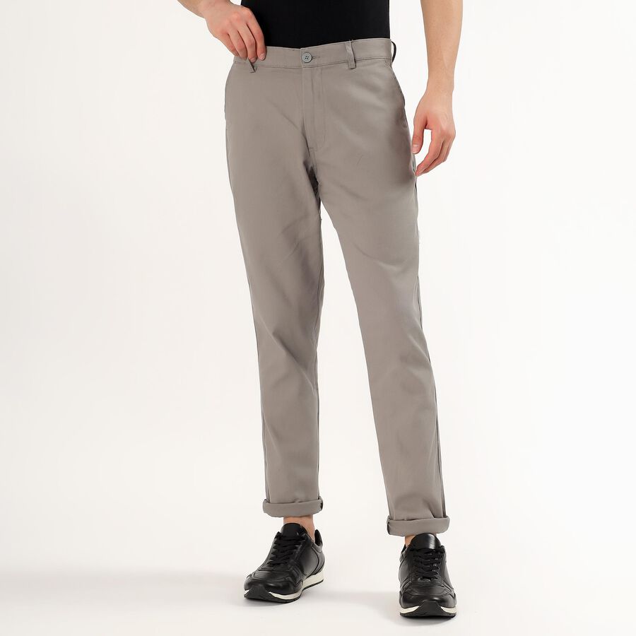 Men's Muted Grey Slim Fit Flat-Front Casual Trousers, Light Grey, large