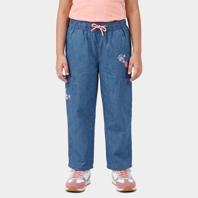 Girls' Light Blue Cargo Fit Embroidered Jeans