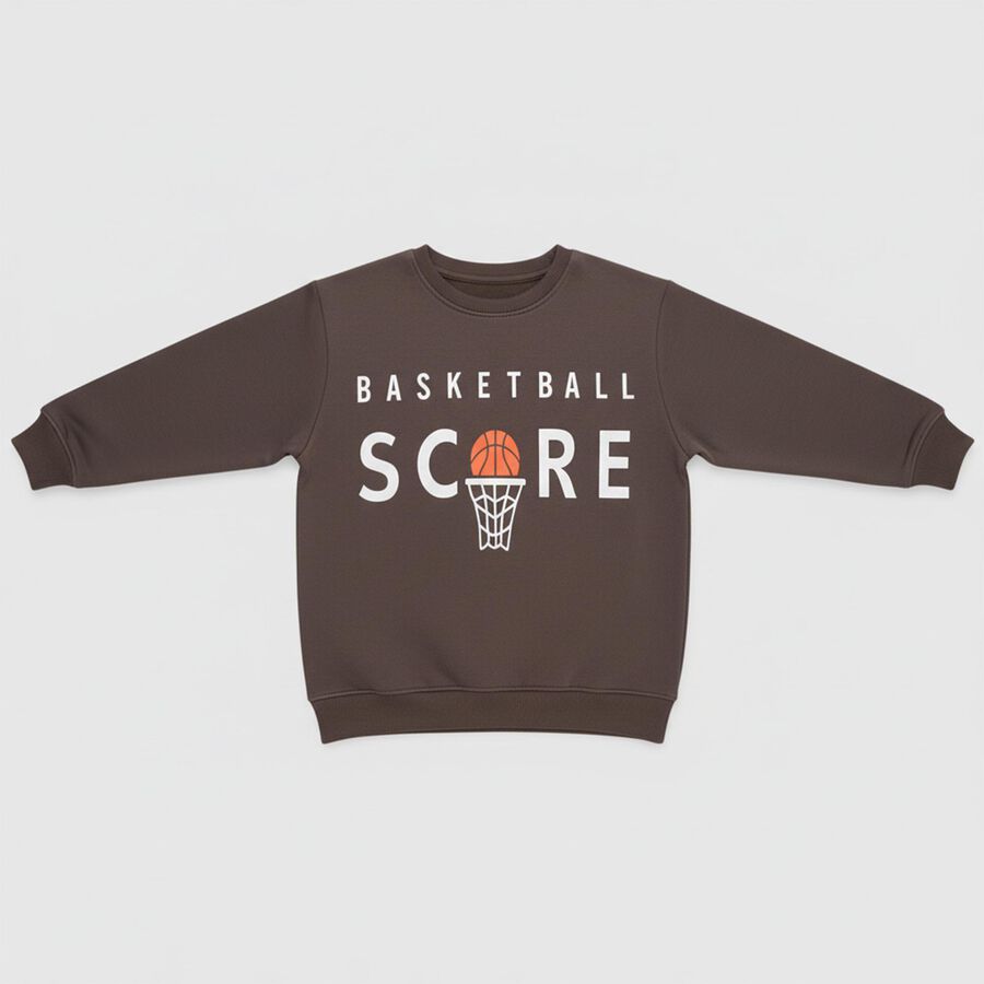 Boys Dark Chocolate Brown Crew Neck Graphic Sweatshirt, Charcoal, large image number null