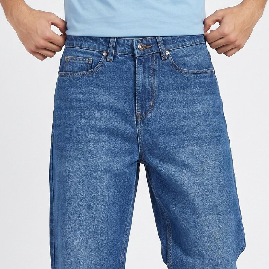 Men's Blue Straight Fit Washed Jeans, Dark Blue, large