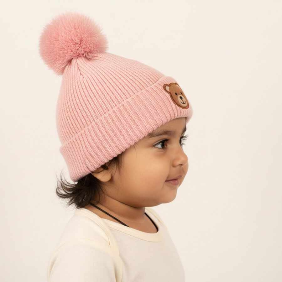 Girls' Soft Pink Teddy Bear Winter Cap, Light Pink, large image number null