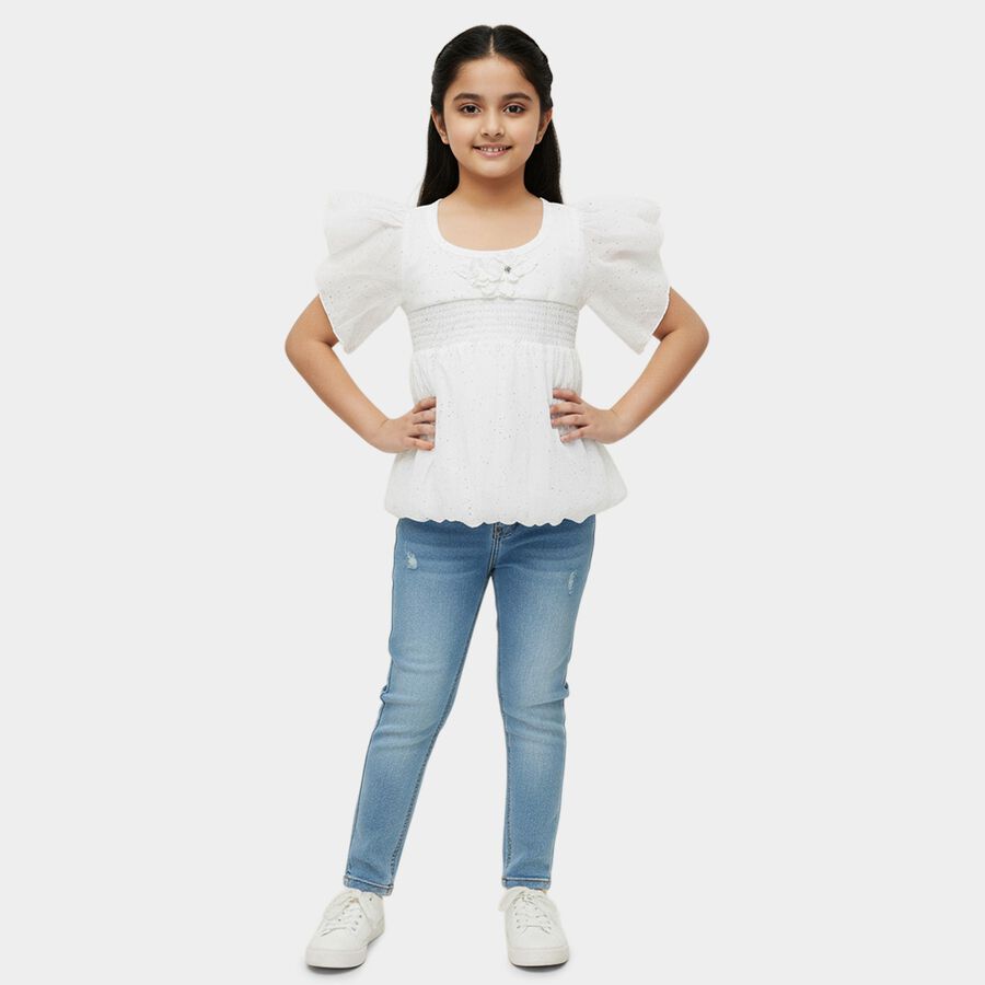 Girls' White Round Neck Casual Graphic Printed T-Shirt, White, large