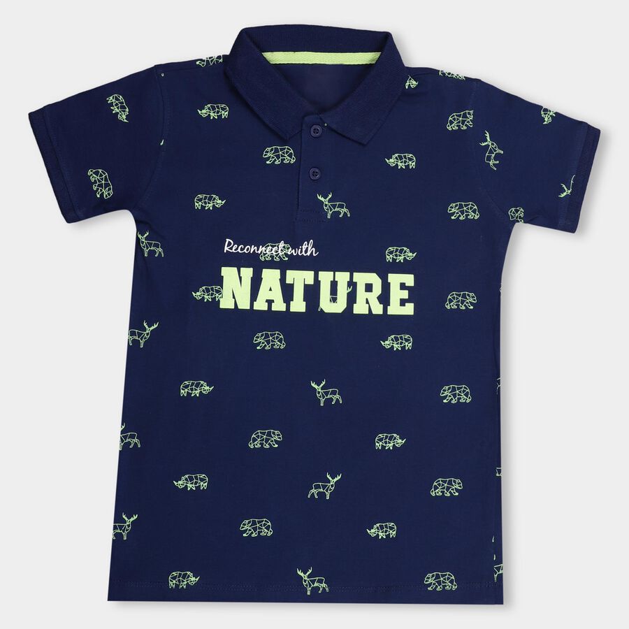 Boy's Navy Blue Cotton Polo Neck Casual T-Shirt, Navy Blue, large image number null