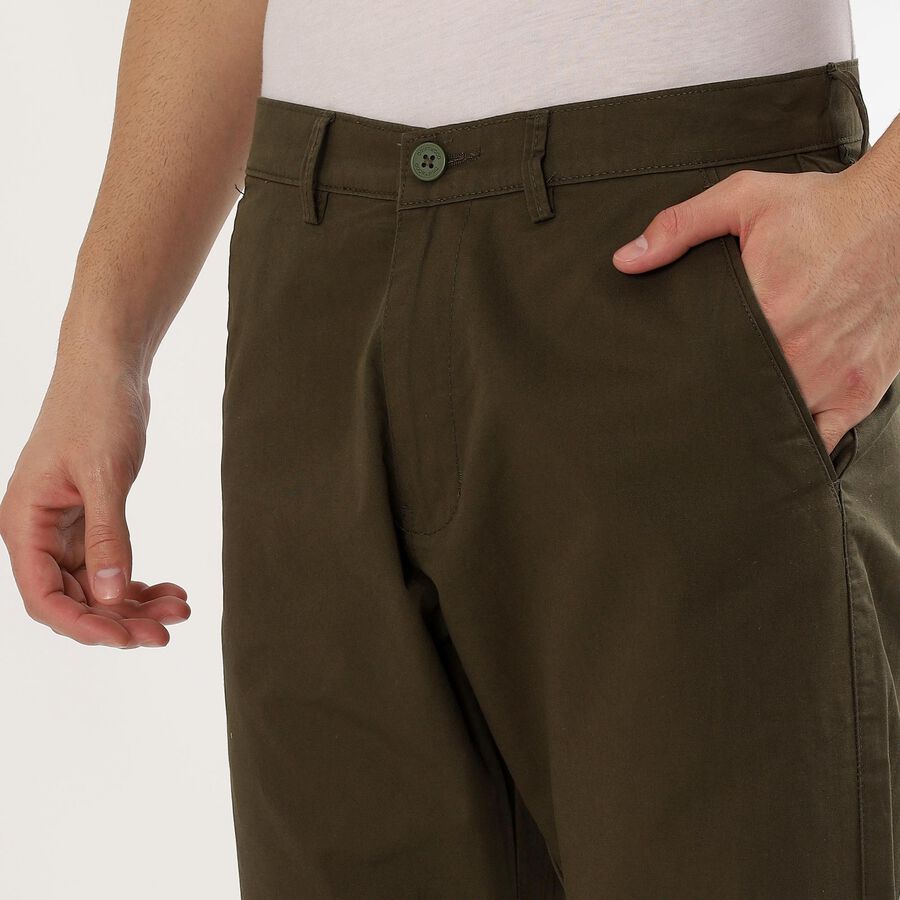 Men's Muted Olive Green Slim Fit Flat-Front Casual Trousers, Olive, large image number null