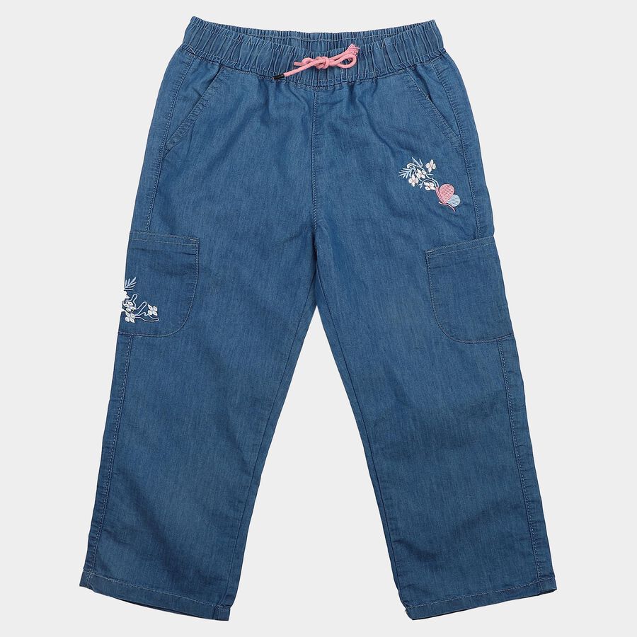 Girls' Light Blue Cargo Fit Embroidered Jeans, हल्का नीला, large