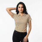 Women's Brown Polo Neck Striped Polo T-Shirt, Brown, small