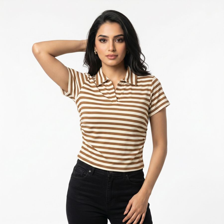 Women's Brown Polo Neck Striped Polo T-Shirt, Brown, large
