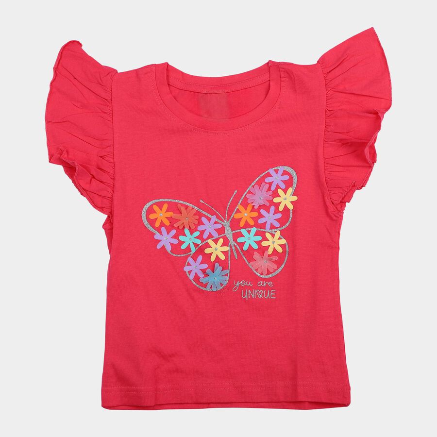 Girls' Pink Cotton Round Neck Casual T-Shirt, Pink, large