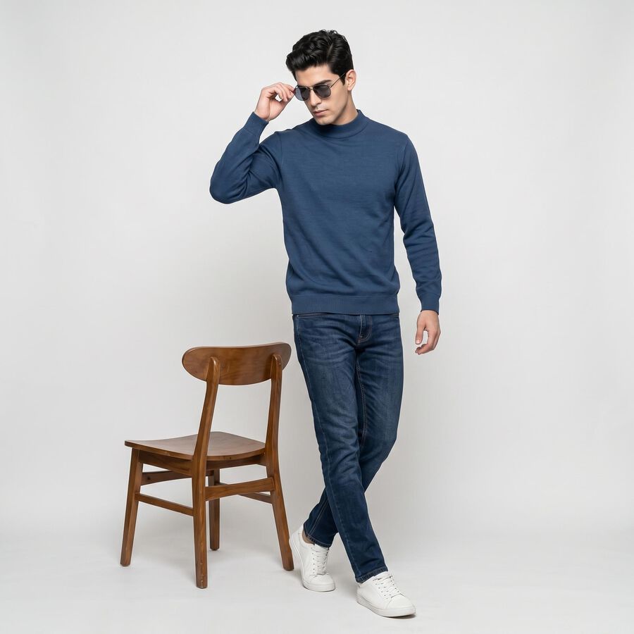 Men's Blue Mock Neck Pullover, Teal Blue, large
