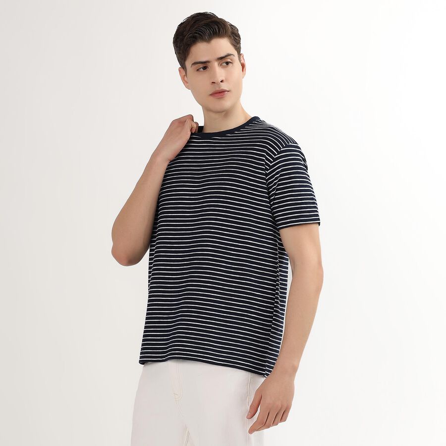 Men's Navy Blue Round Neck Striped T-Shirt, नेवी ब्लू, large