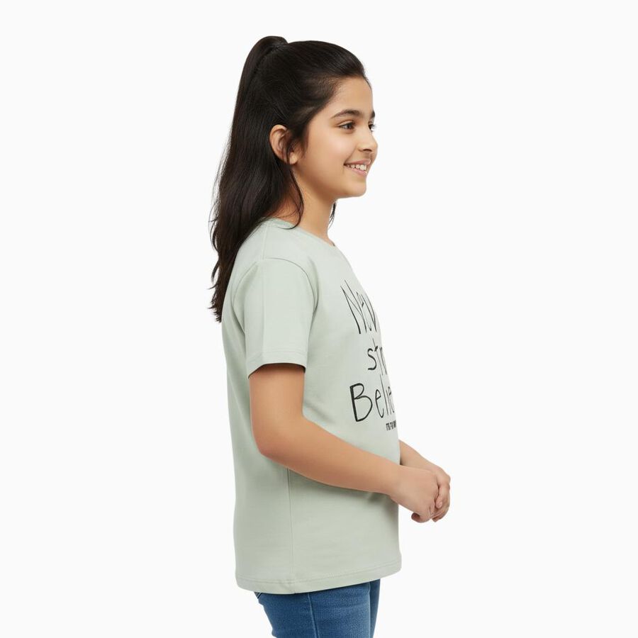 Girls Light Sage Green Cotton Round Neck Graphic T-Shirt, Light Green, large image number null