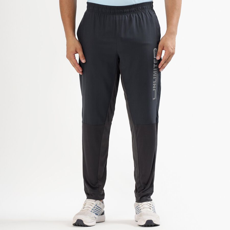 Men's Charcoal Black Regular Fit Logo Printed Track Pants, Dark Grey, large image number null