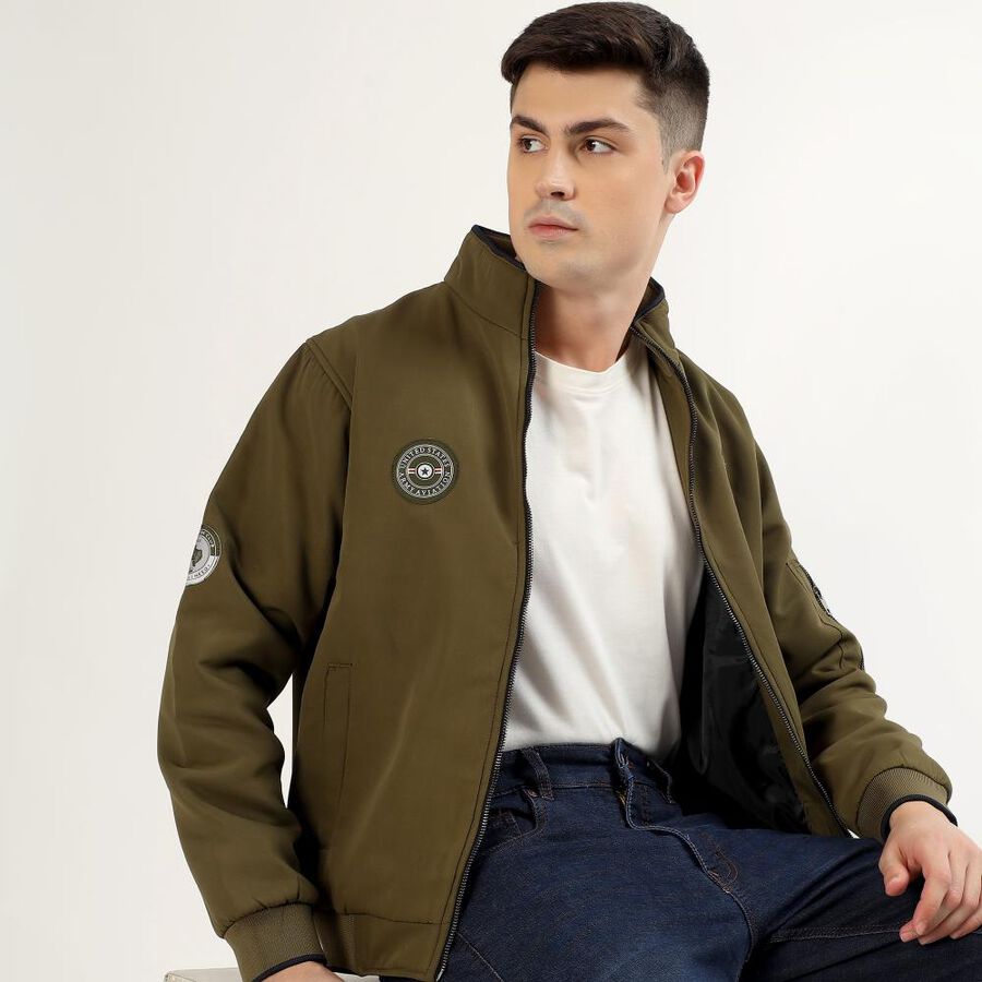 Men's Muted Olive Green High Neck Casual Bomber Jacket, Khaki, large image number null
