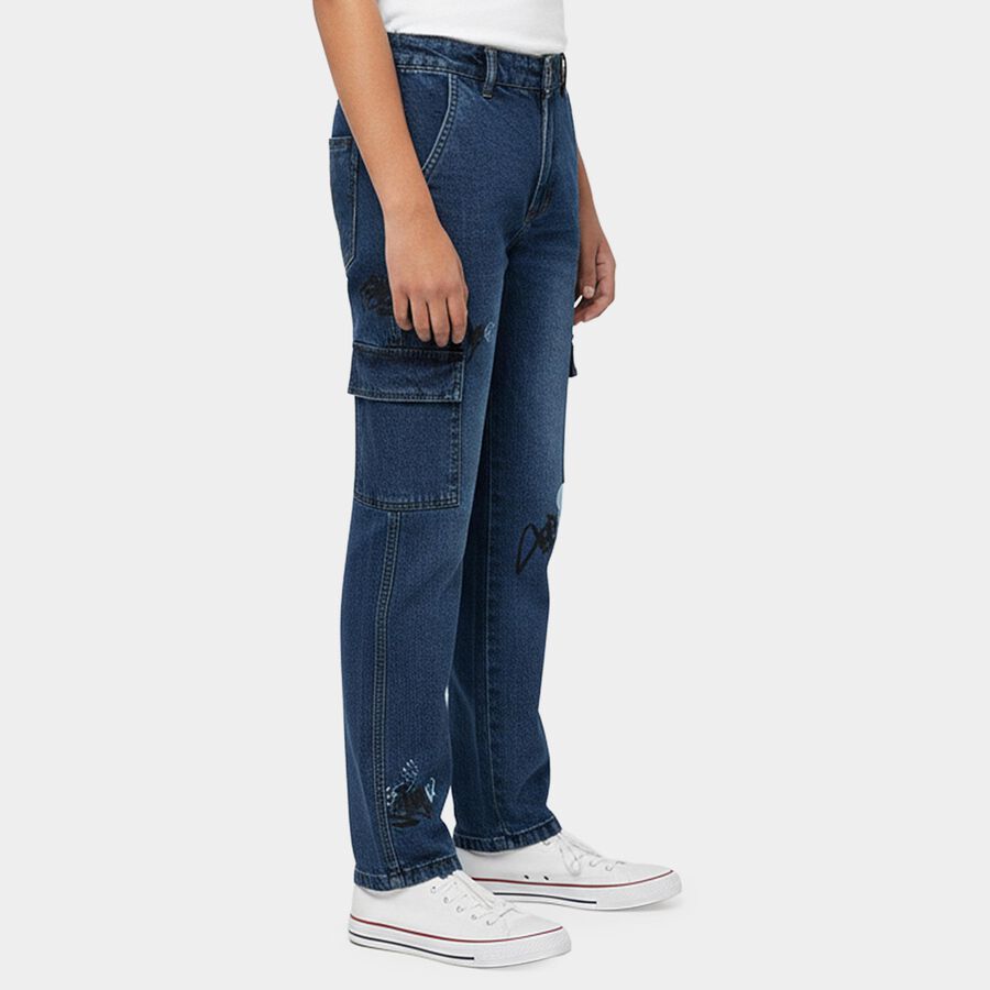 Boys' Blue Regular Fit Elastic Waist Jeans, Mid Blue, large