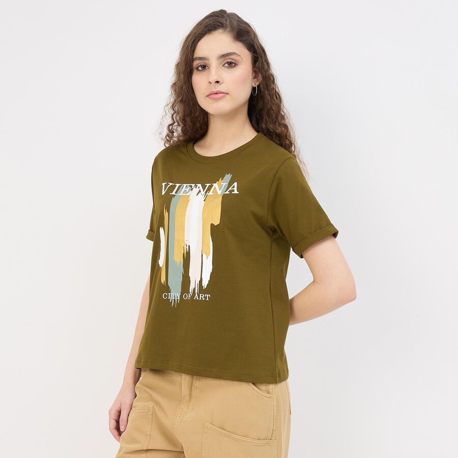 Women's Muted Olive Green Round Neck Casual T-Shirt, ओलिव, large