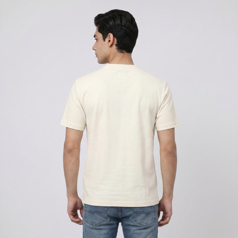 Men's Cream Round Neck Graphic Print T-Shirt, Off White, large