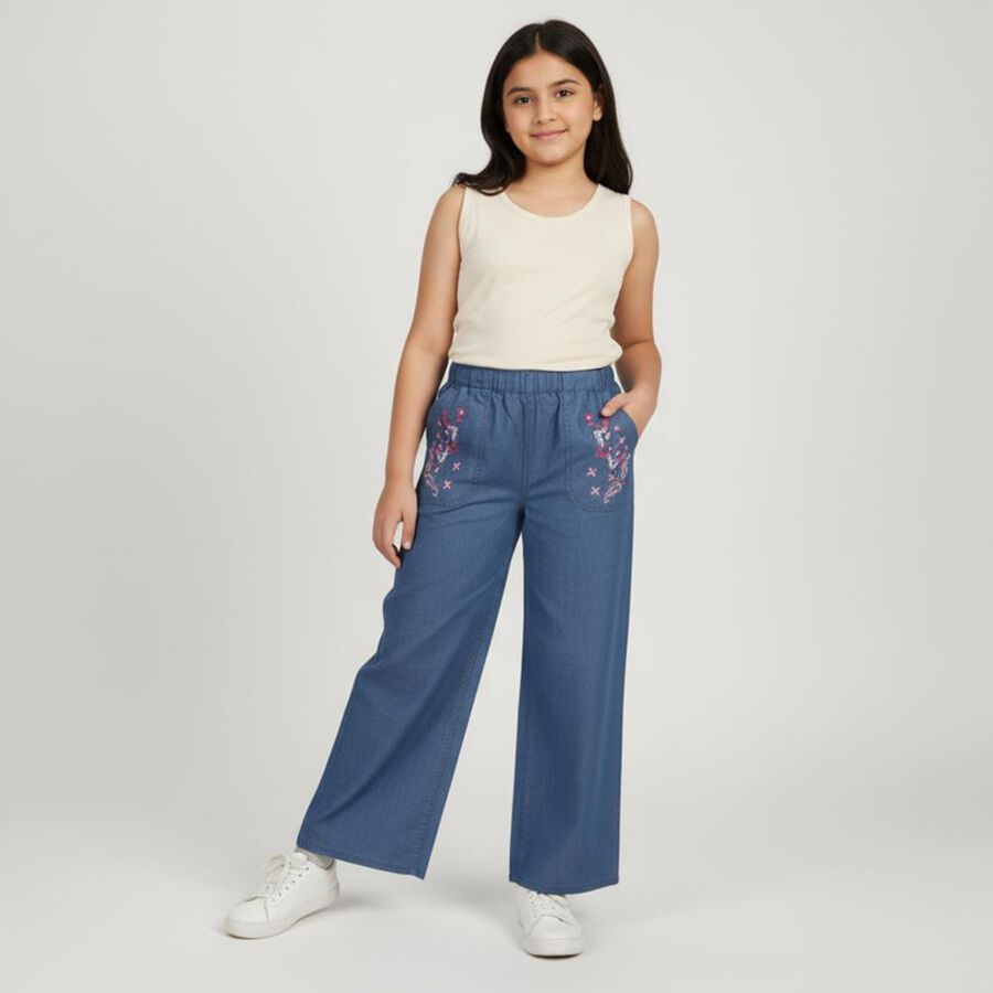Girls' Steel Blue Wide Leg Embroidered Jeans, Mid Blue, large image number null