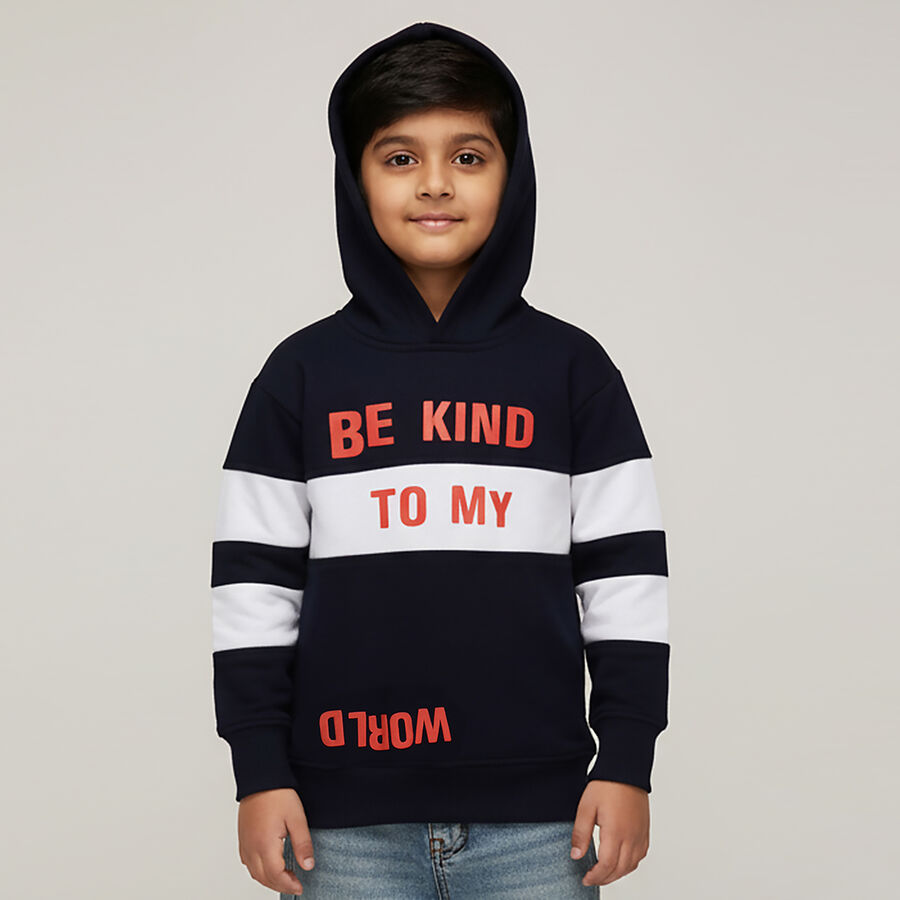 Boys Deep Midnight Navy Blue Hoodie Neck Casual Sweatshirt, Navy Blue, large image number null