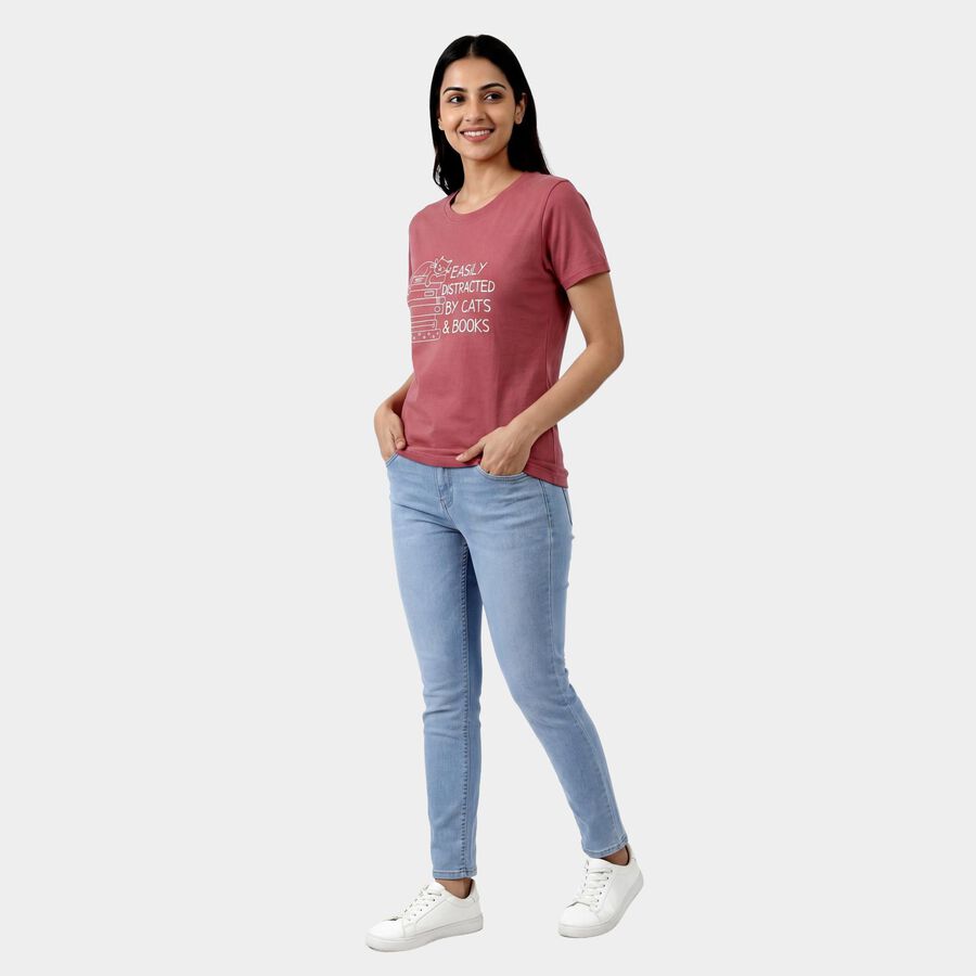Ladies' Round Neck T-Shirt, गुलाबी, large