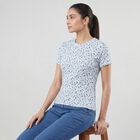 Women's Blue Cotton Blend Round Neck Casual T-Shirt, Blue, small