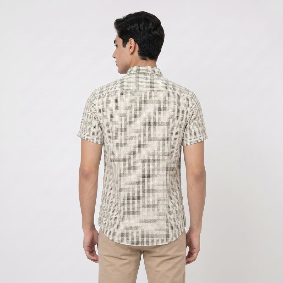 Men's Off White Cotton Short Sleeve Checked Regular Fit Shirt, Off White, large