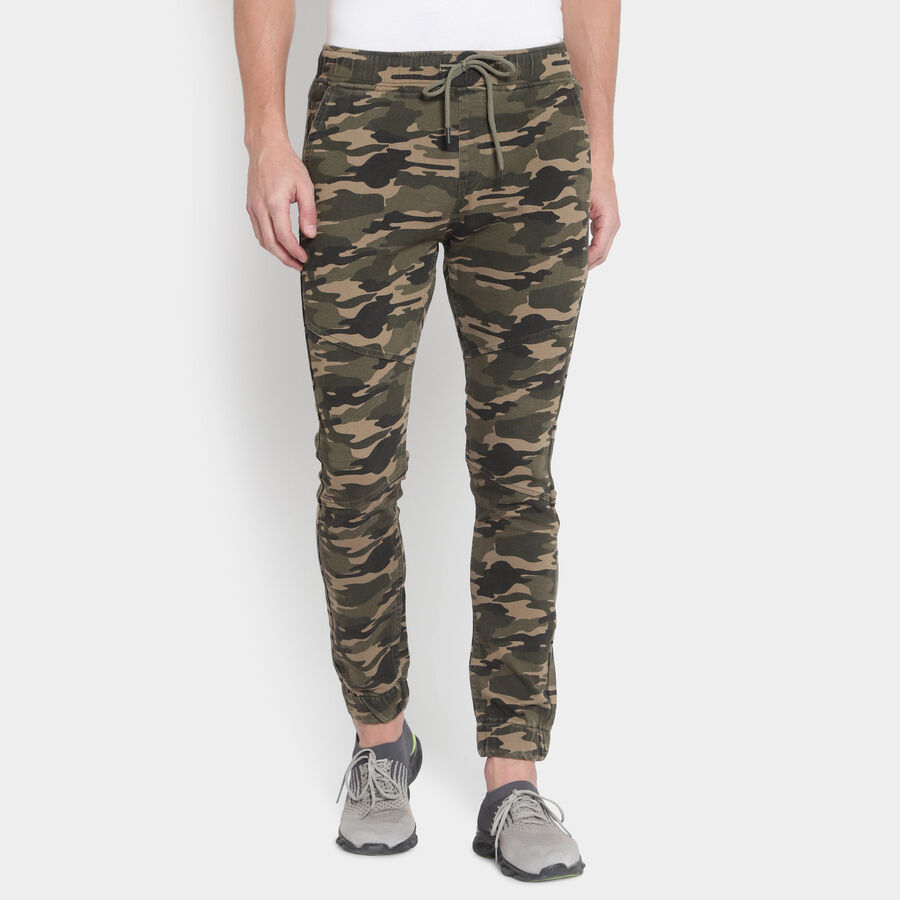 Printed Slim Fit Casual Trousers, Olive, large image number null