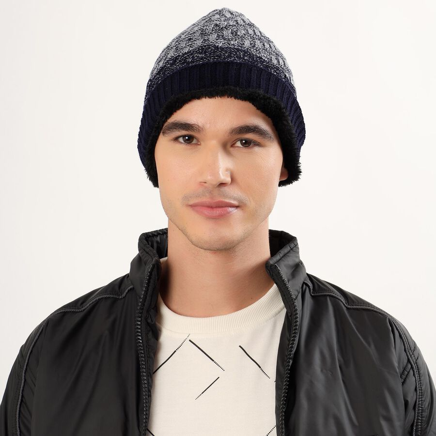 Men's Grey and Navy Blue Textured Winter Cap, Navy Blue, large image number null