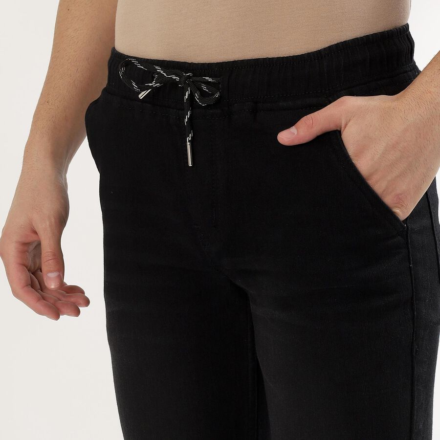 Men's Jet Black Slim Fit Elastic Waist Jeans, काला, large image number null