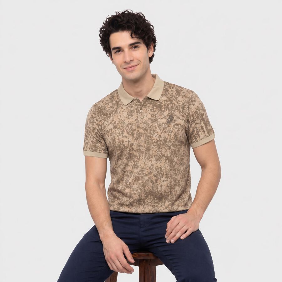 Men Beige Cotton Polo Neck Abstract Printed T-Shirt, Beige, large