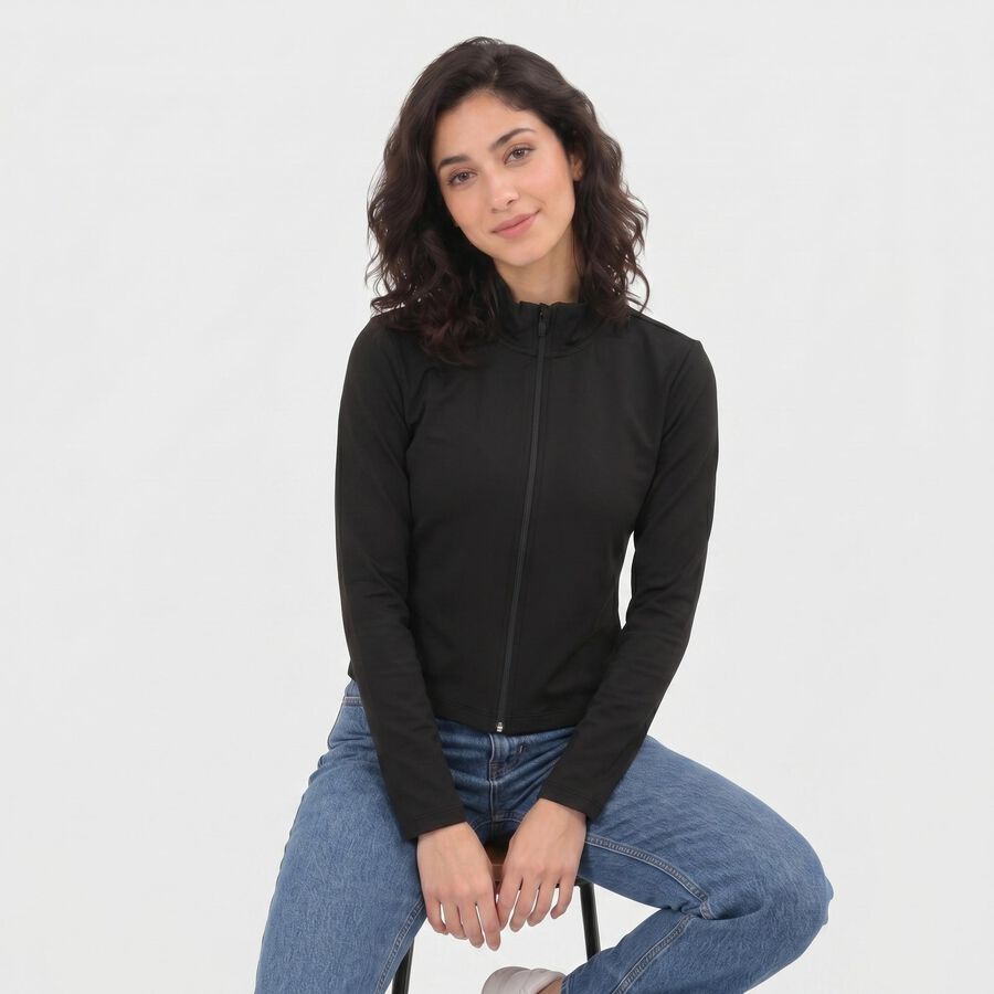 Women's Black Stand Collar Windbreaker Jacket, काला, large