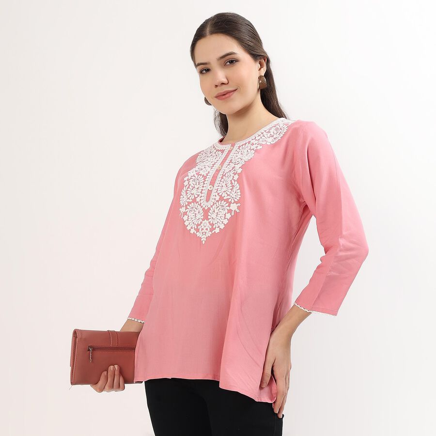 Women's Light Pink Round Neck Embroidered Kurti, Purple, large image number null