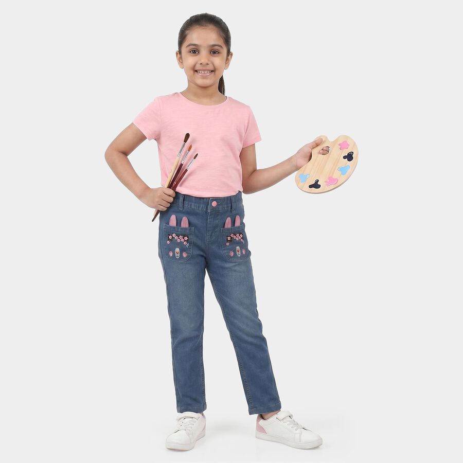 Girls Light Blue Straight Fit Bunny Embroidered Jeans, Light Blue, large