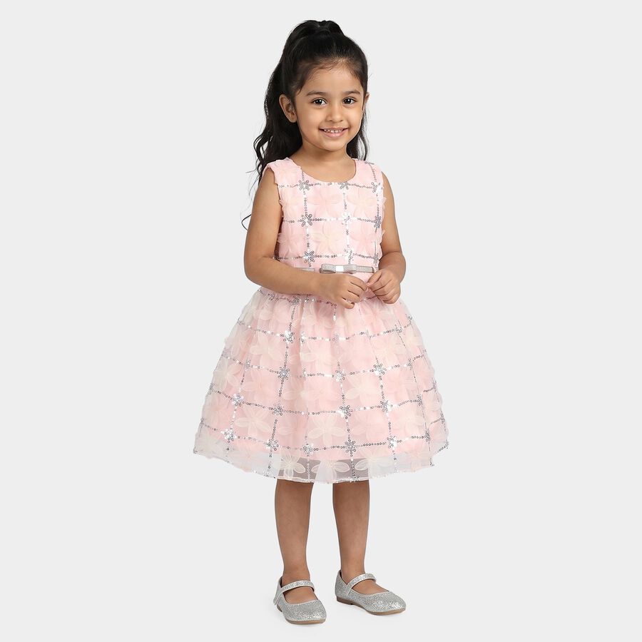 Girls' Pink Fit and Flare Sequin Embellished Party Wear Frock, हल्का गुलाबी, large