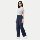 Women's Navy Blue Wide Leg Washed Jeans, Dark Blue, small