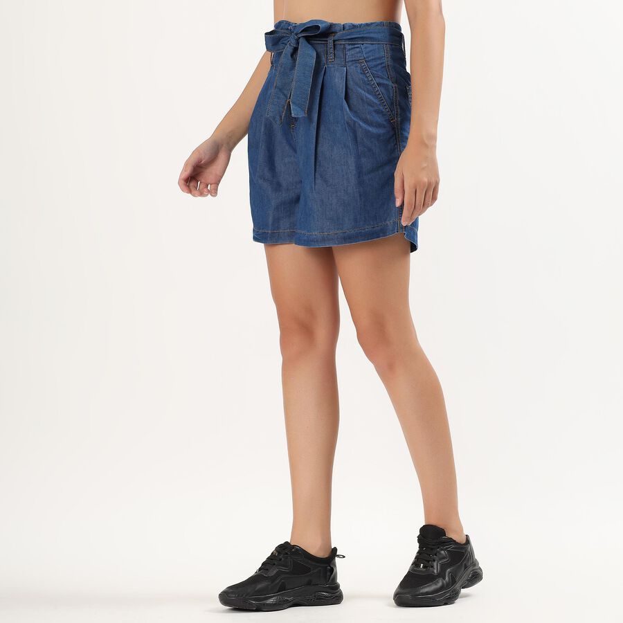 Women's Deep Denim Tie-Waist Relaxed Fit Shorts, नीला, large image number null