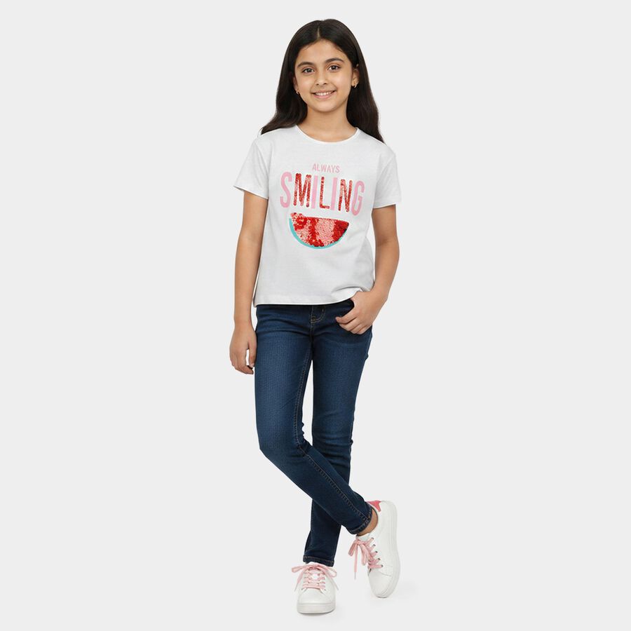 Girls White Cotton Round Neck Regular T-Shirt, सफ़ेद, large